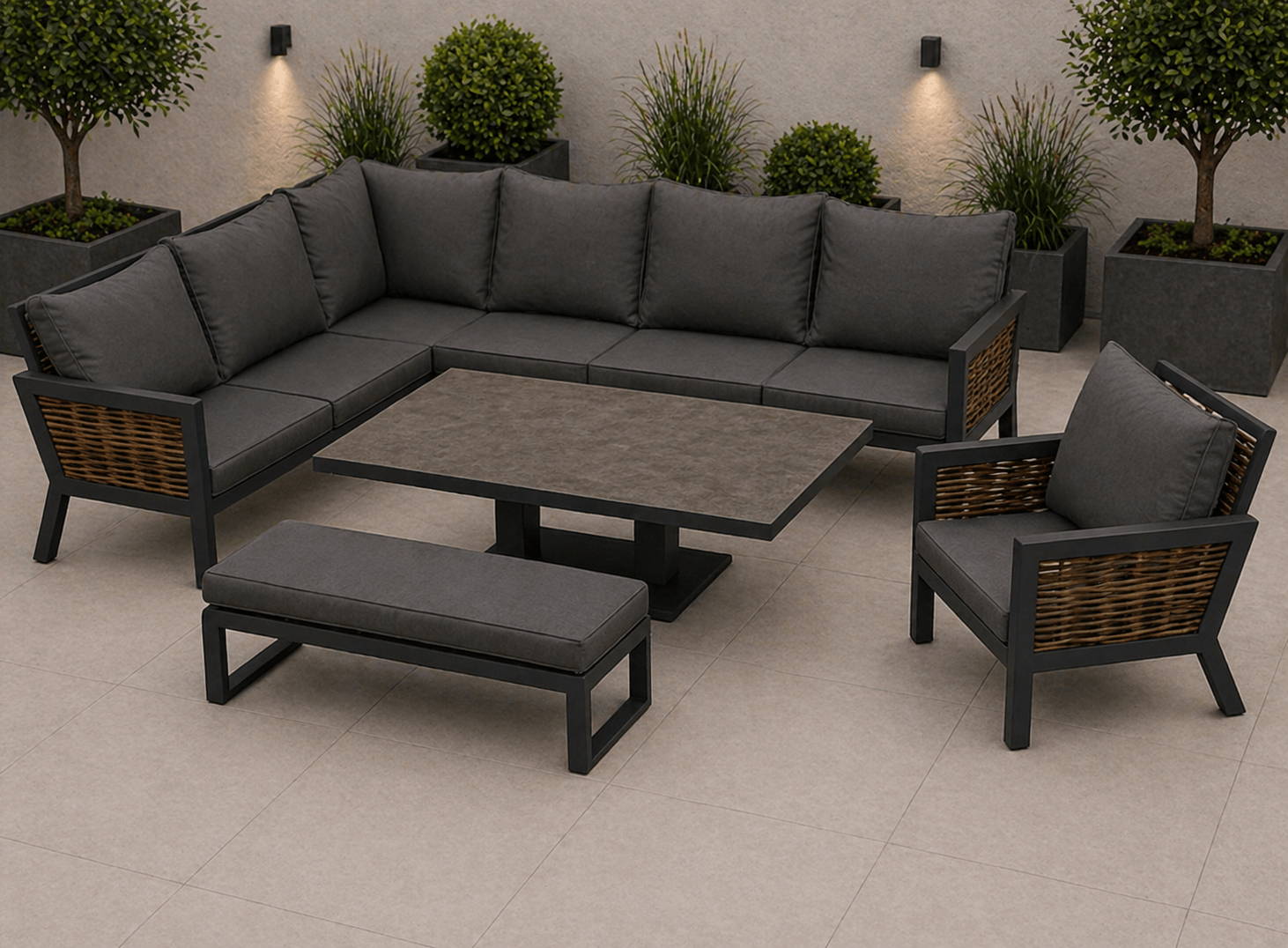 Amber Aluminium Luxury Corner Sofa with Rise and Fall Dining Table - In Stock - The Outlet Home