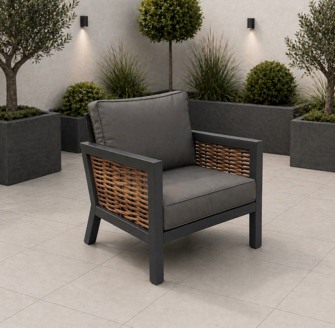 Amber Aluminium Luxury Sofa Set with Rise and Fall Pit Dining Table - Order by 5th May for Free Parasol & Weather Cover - The Outlet Home