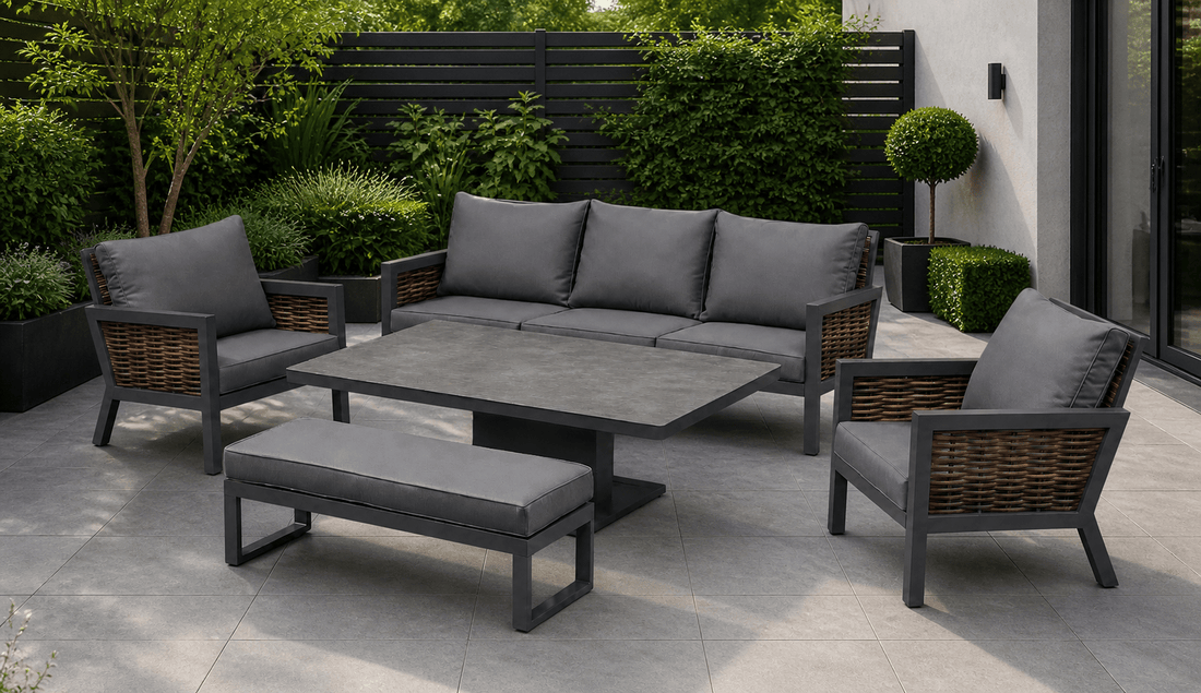 Amber Aluminium Luxury Sofa Set with Rise and Fall Pit Dining Table - Order by 5th May for Free Parasol & Weather Cover - The Outlet Home