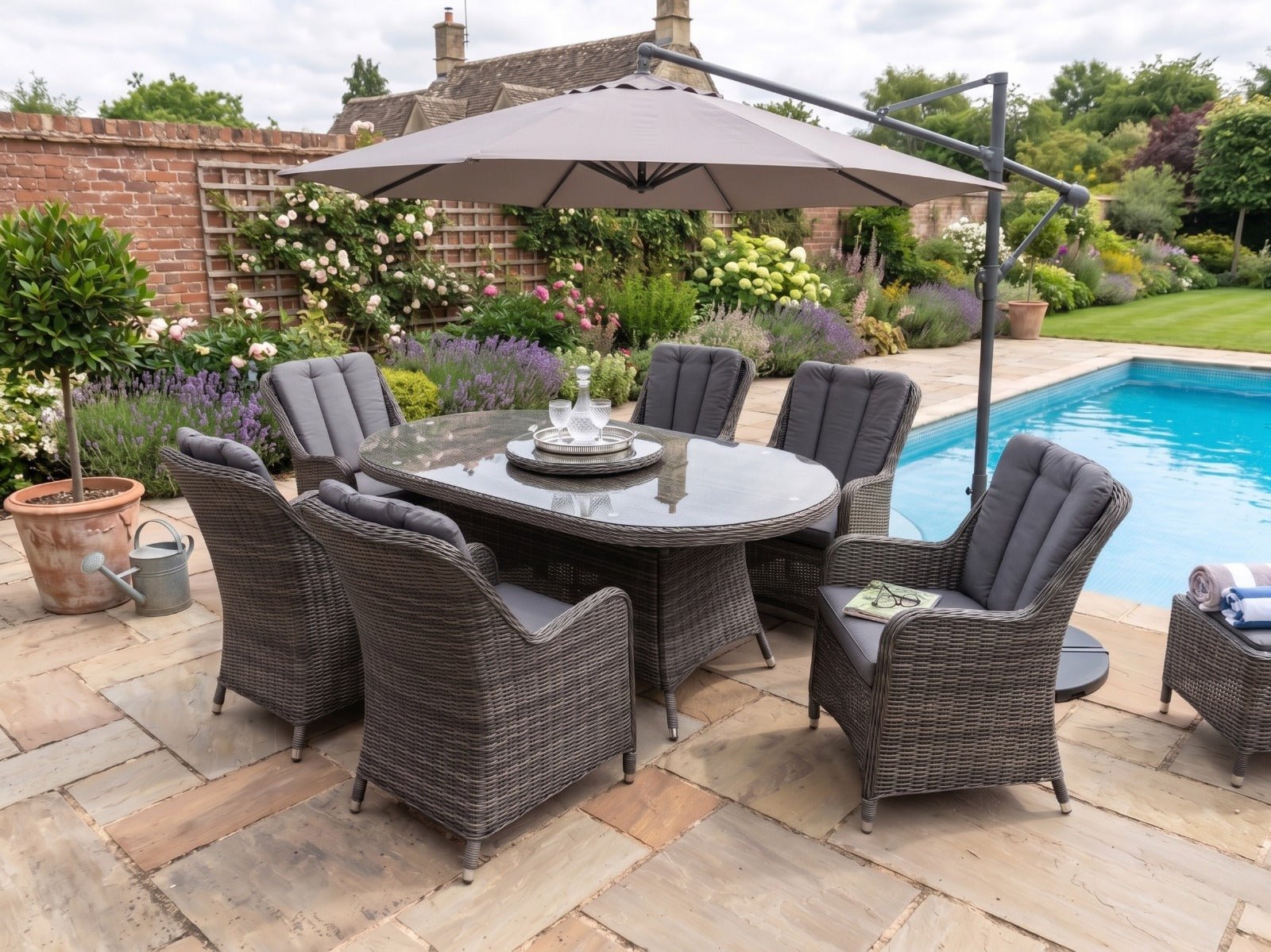 Antigua 6 Seat Oval Dining Set with Lazy Susan in Grey - Pre - order due June - Order by 28th April for Free Weather Cover - The Outlet Home