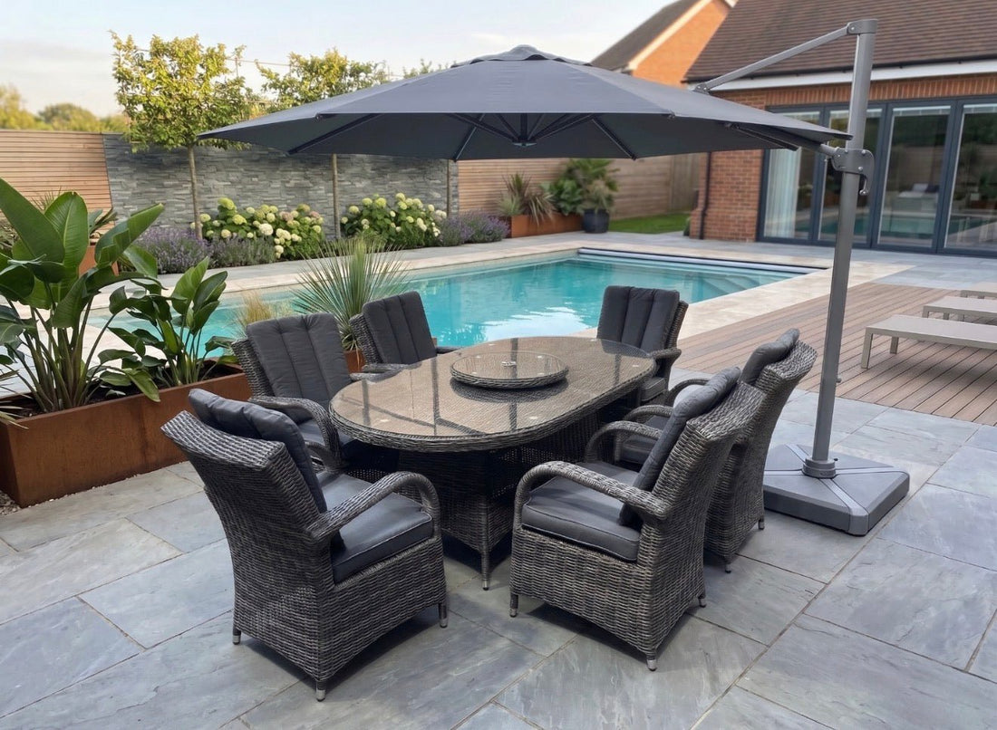 Antigua Elite 6 Seat Oval Dining Set with Lazy Susan in Grey - Order by 21st July for Free Parasol & Weather Cover - The Outlet Home