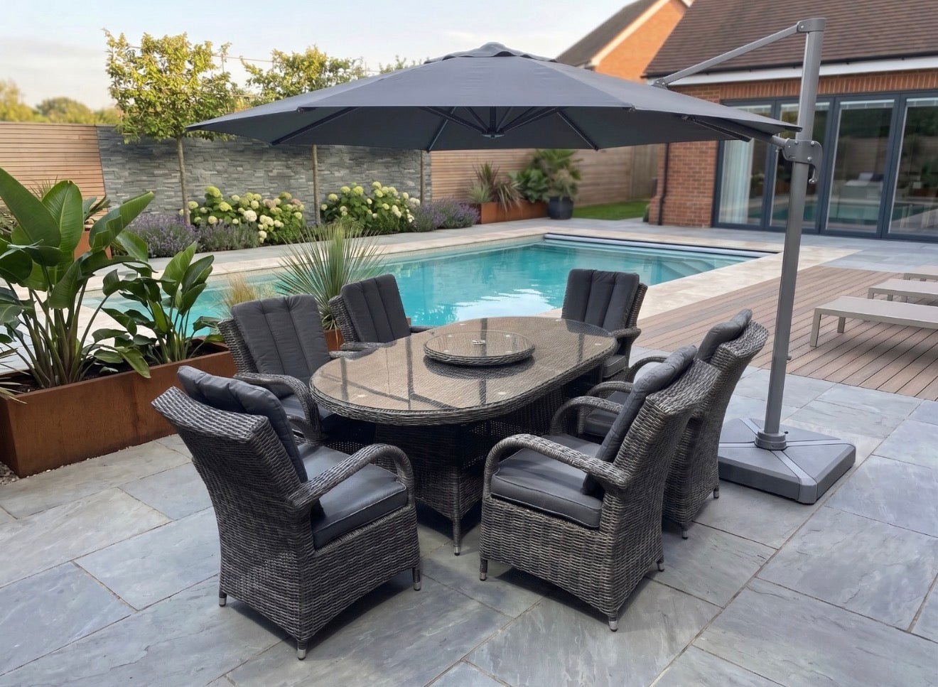 Antigua Elite 6 Seat Oval Dining Set with Lazy Susan in Grey - Order by 21st July for Free Parasol & Weather Cover - The Outlet Home