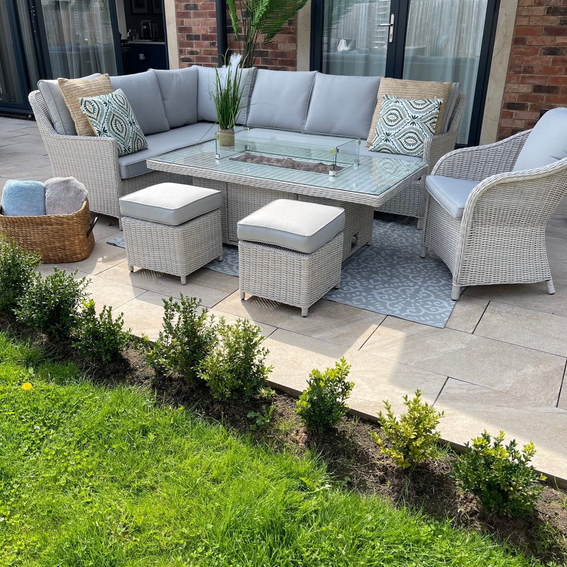 Antigua Rise & Fall Fire Pit Dining Table Corner Sofa Set with Arm Chair - The Outlet Home