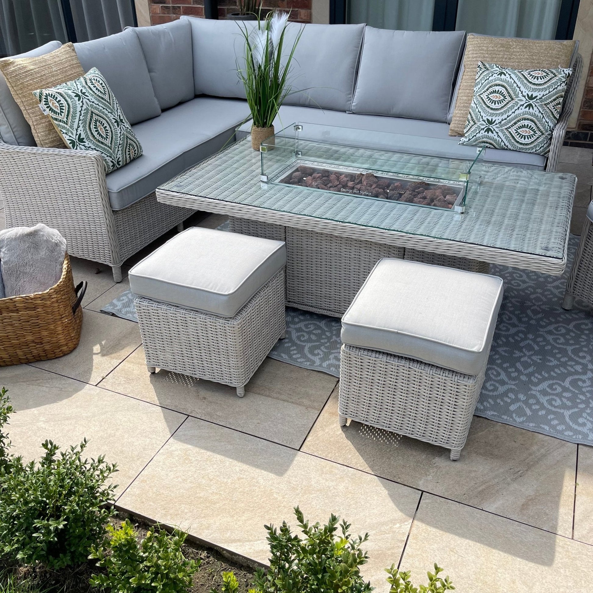 Antigua Rise & Fall Fire Pit Dining Table Corner Sofa Set with Arm Chair - The Outlet Home
