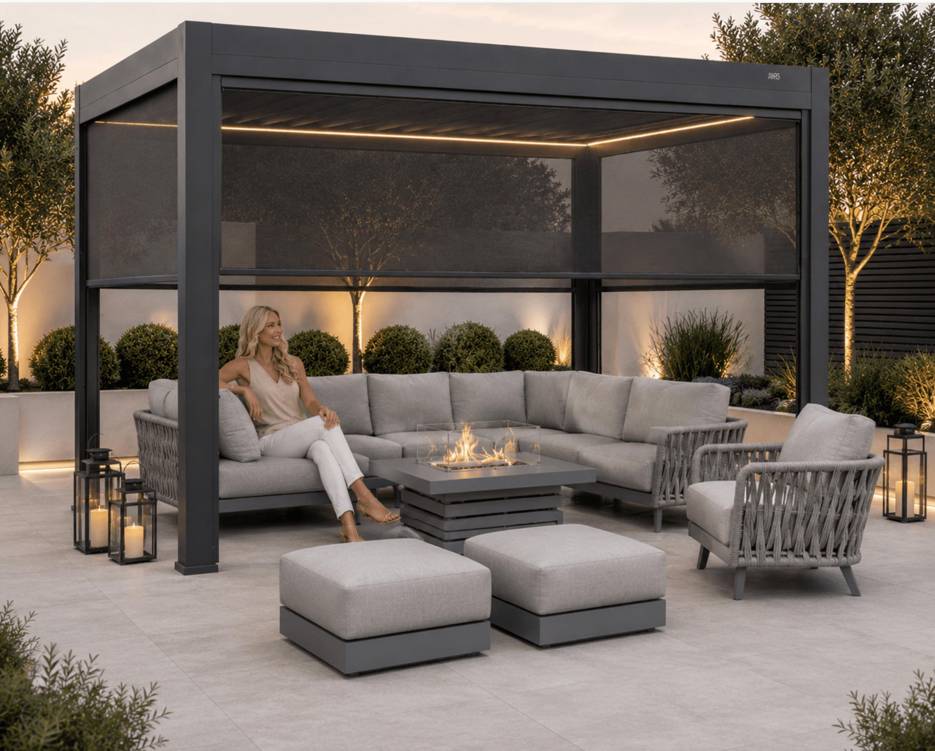Cosmo Premium Aluminium Pergola 4x3m (approx 13ft x 10ft) LED Lights, 4 x windproof retractable sides + 5 year warranty + free delivery - The Outlet Home