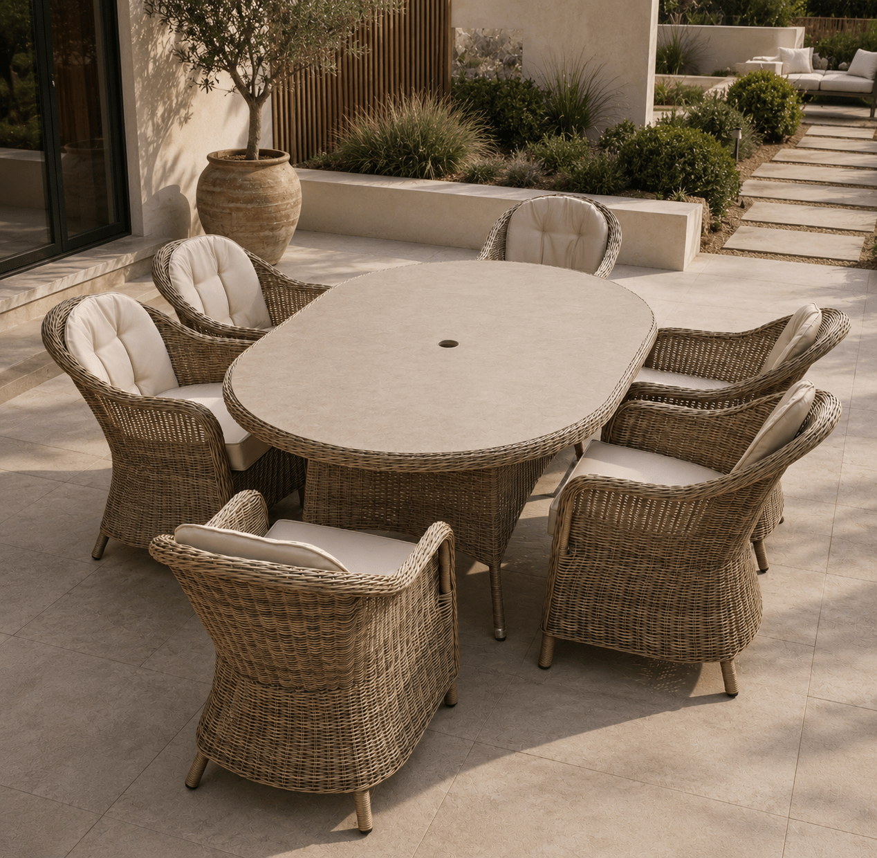 Marseille Luxury 6 Seat Dining Set Natural - Order by 9th July for Free Parasol & Weather Cover - The Outlet Home
