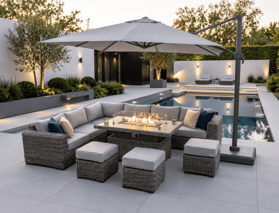 Marseille Luxury Modular Corner Sofa with Rise and Fall Fire Pit Dining Table in Natural Grey - The Outlet Home