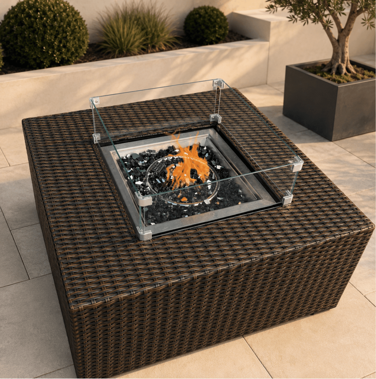 NAPLES COFFEE FIRE-PIT TABLE – BROWN &amp; BLACK RATTAN - The Outlet Home